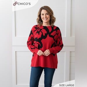 Chico's Vibrant Pullover Sweater - Red with Black Floral Design - Large